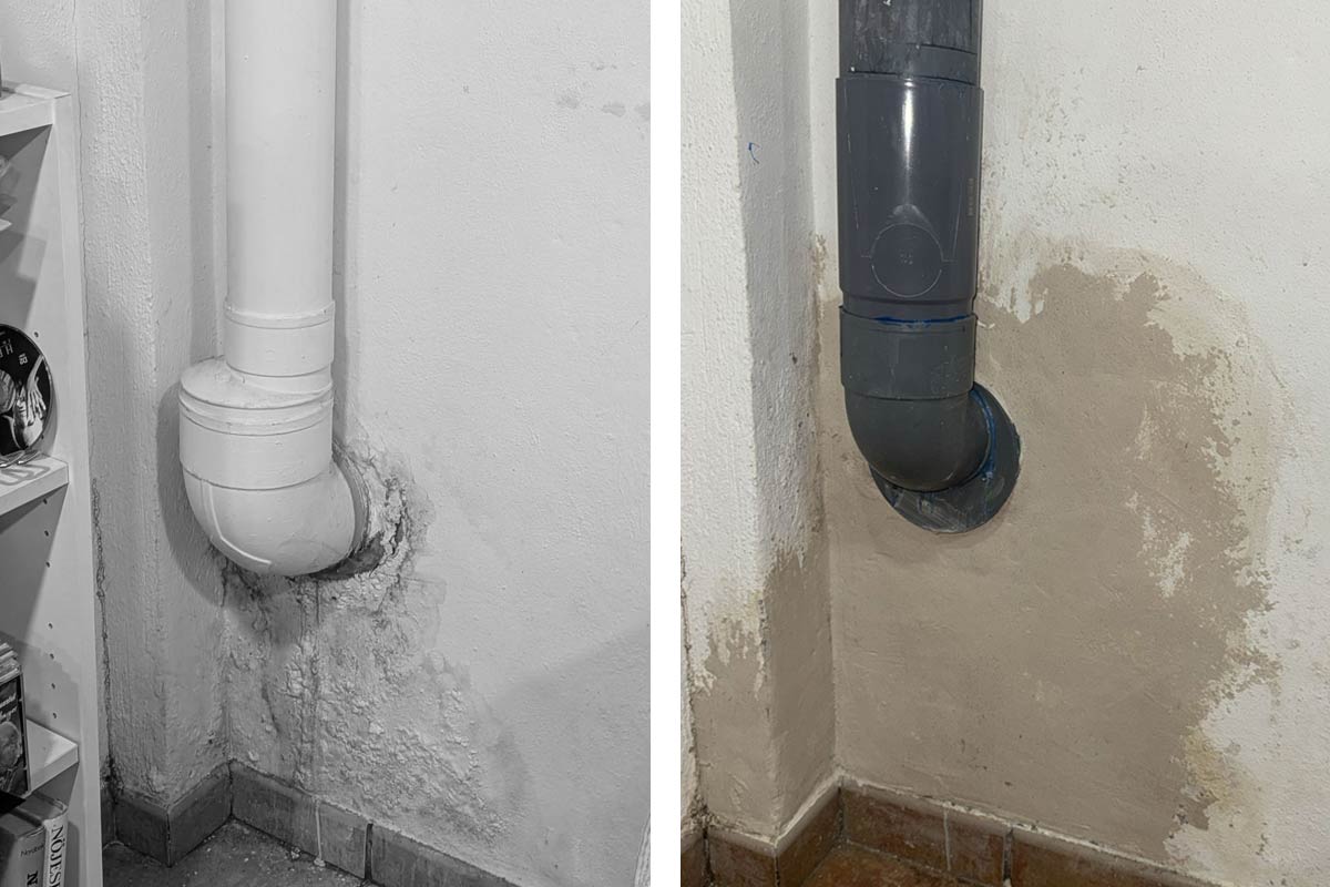 Antes y después: reparación de una fuga en una tubería de aguas servidas de gran diámetro