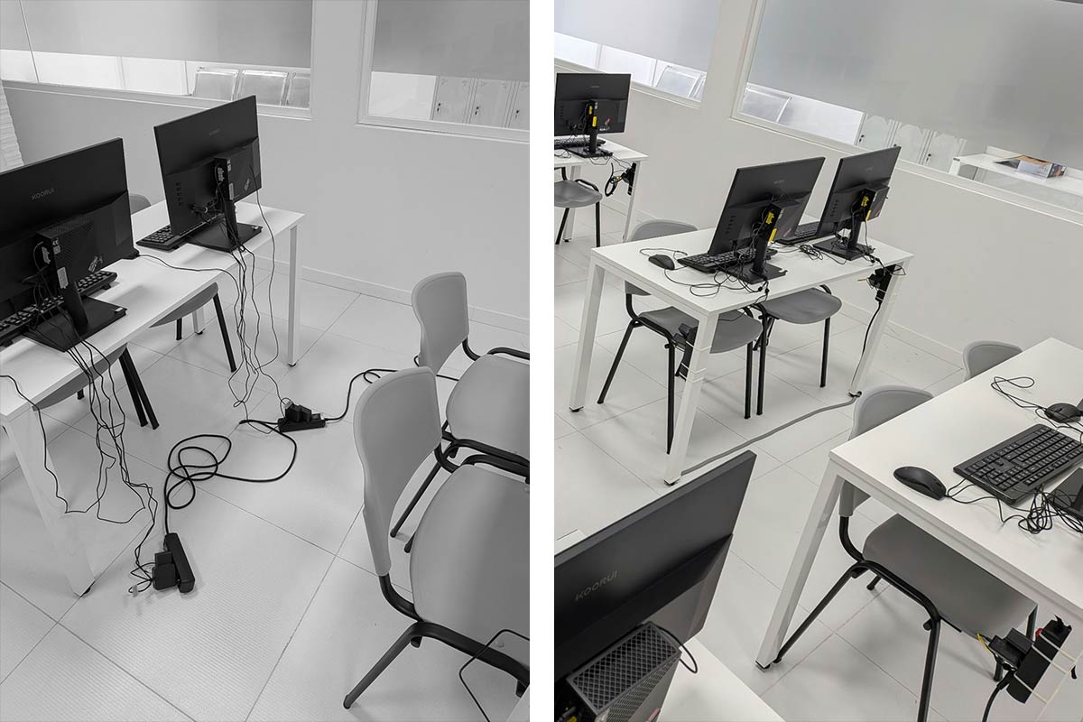 Antes y después del proyecto de organización de cableado en Aula de informática